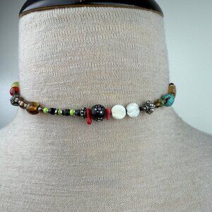 Art Glass & Stone Bead Beaded Necklace 15" Button Clasp